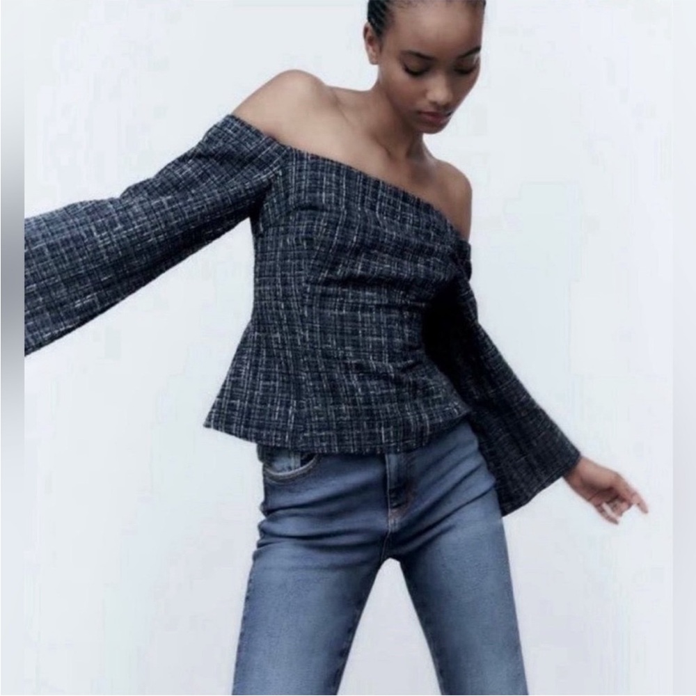 Zara Navy and White Tweed Top